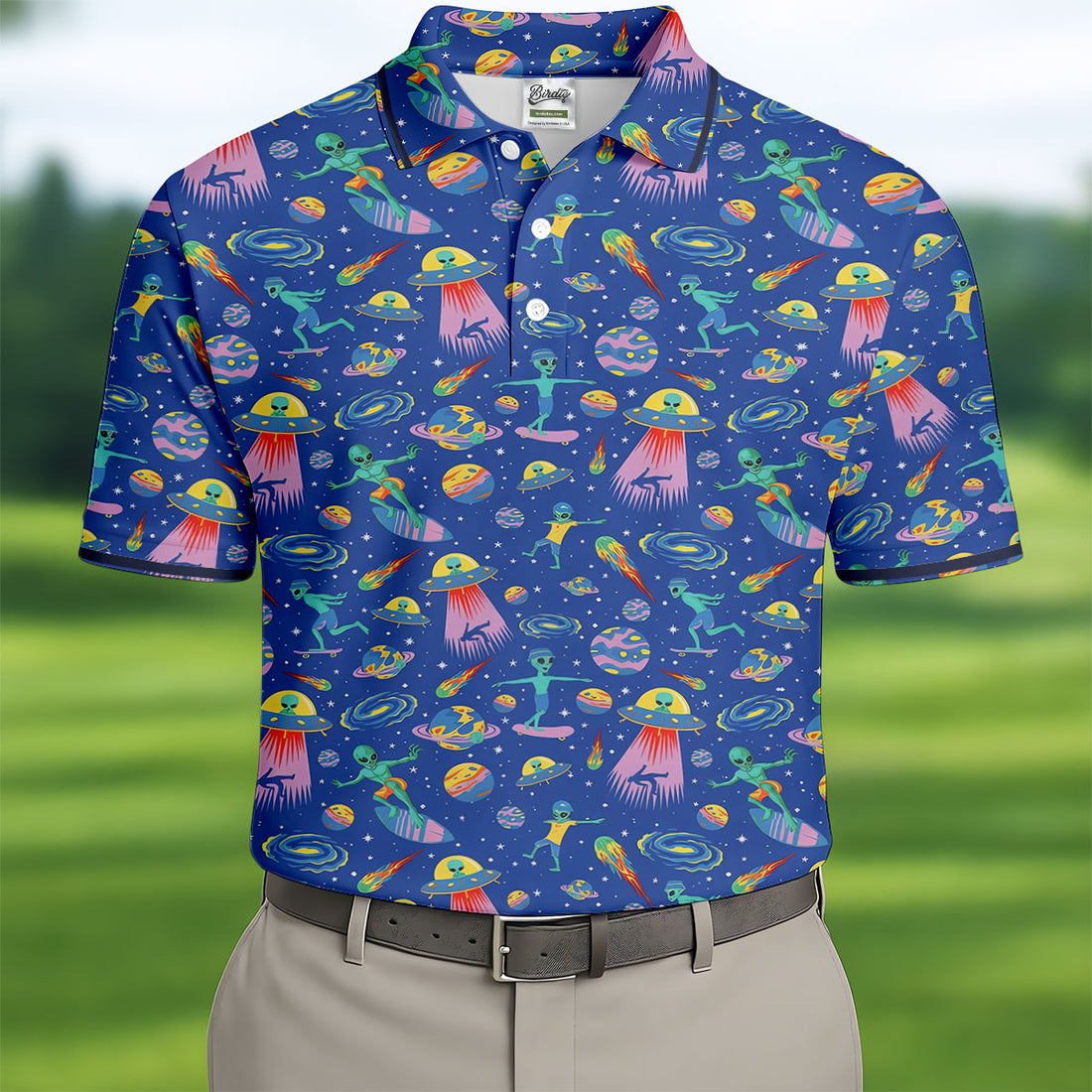 Surfing Alien Space Galaxy Hawaiian Golf Shirt, Hawaiian Golf Shirt, Golf Shirts For Men