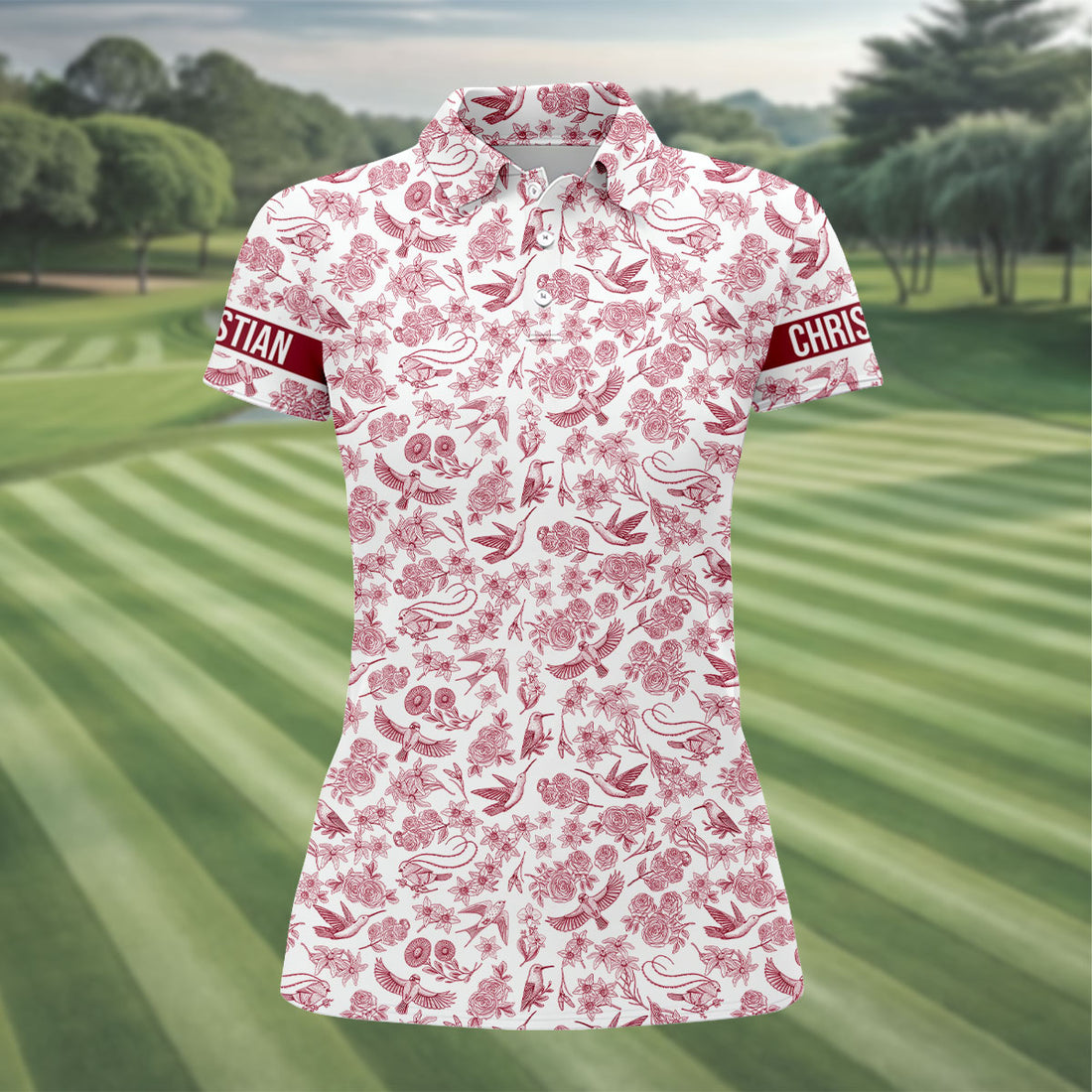 Custom Name Toile de Jouy Birds And Flowers White And Red Women Golf Top, Ladies Golf Polos
