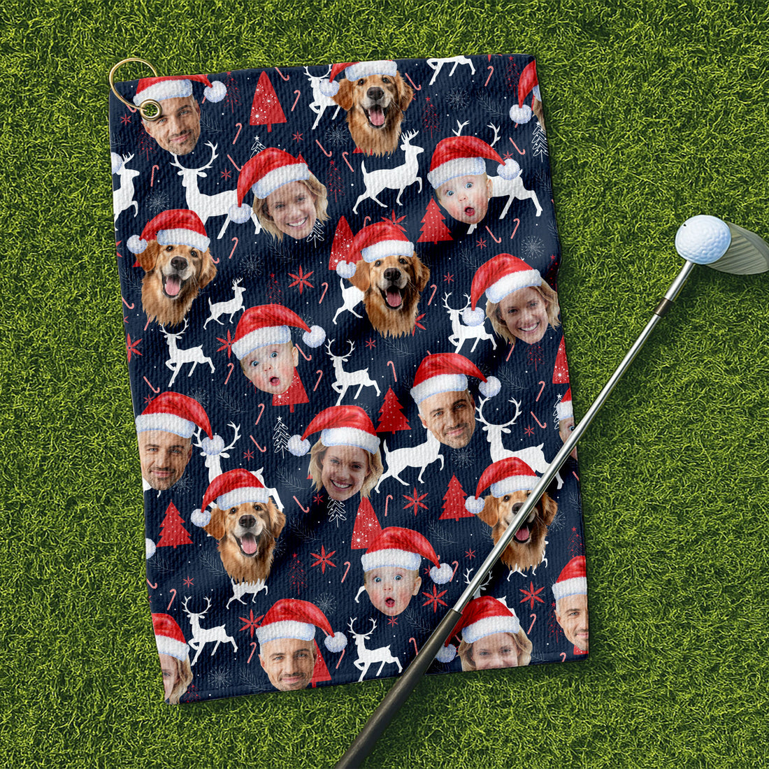 Custom Face Red And Navy Seamless Pattern Golf Towels, Christmas Golf Gift, Custom Golf Accessories