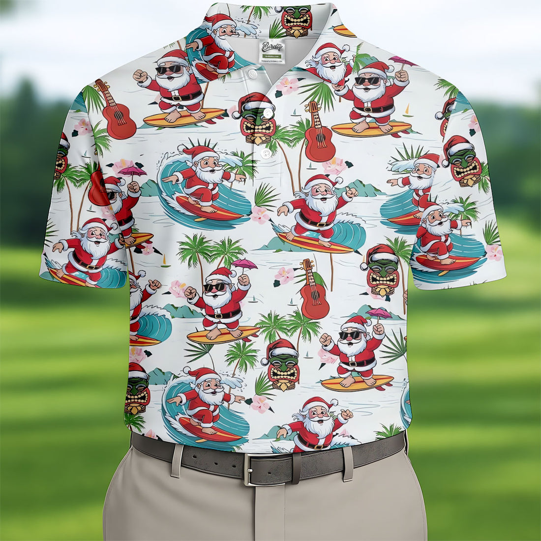 Surfing Santa Tropical Christmas Golf Shirt, Christmas Golf Shirt, Golf Apparel For Men