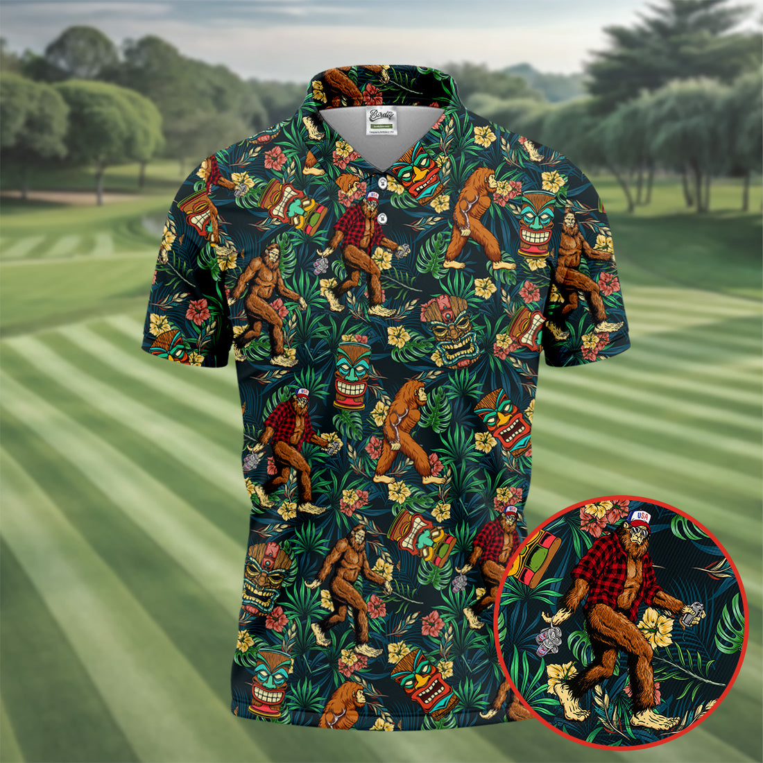 Bigfoot Tropical Tiki Resort Pattern Design Hawaiian Golf Polo, Golf Tops For Men, Golfing Apparel