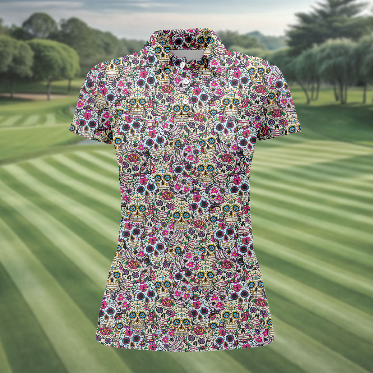 Colorful Sugar Skull Floral Golf Polo Shirt, Golf Shirts For Women