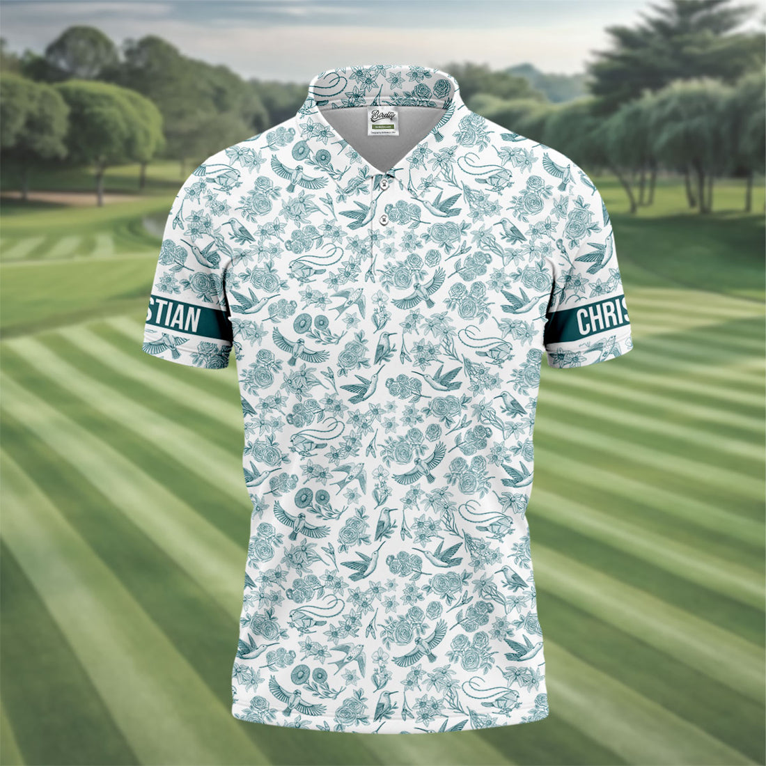 Custom Name Toile de Jouy Birds And Flowers Teal And White Polo Shirts For Men, Golf Gift For Men