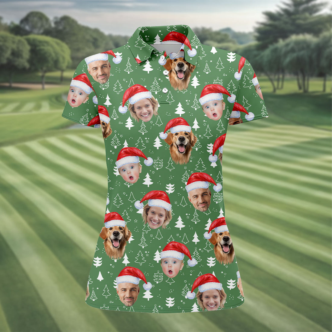 Custom Face Xmas Pine Tree Green Golf Shirt, Christmas Golf Shirt, Ladies Golf Shirts, Golf Gifts For Women
