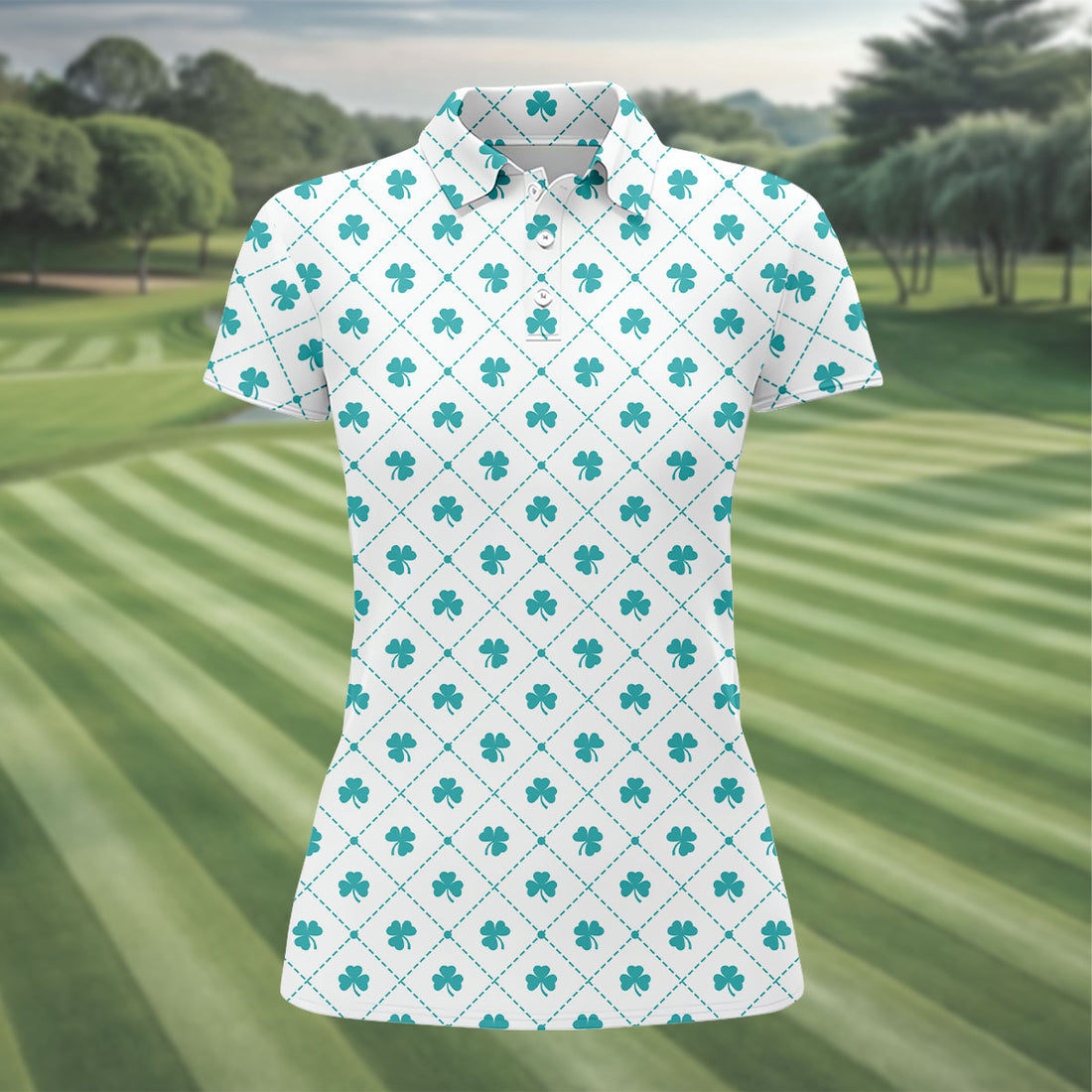 Grid Pattern Shamrock Golf Shirt, St Patrick's Day Women's Golf Tops, Ladies Golf Polos, Golf Shirt For Women