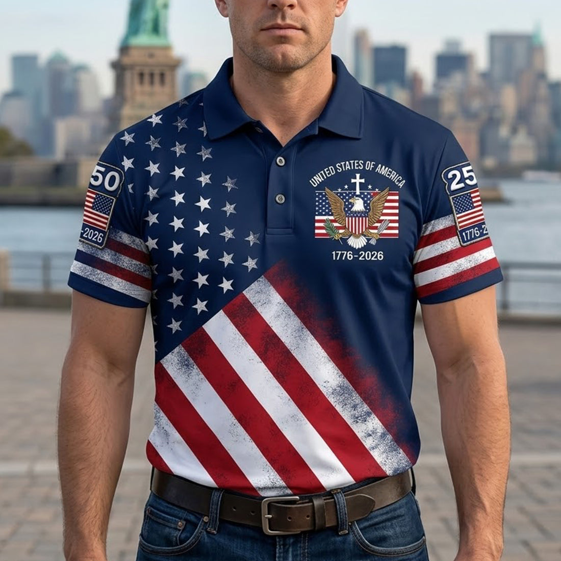 US Bald Eagle Distressed Flag 250 Faith Cross Golf Tops For Men, Patriotic 4th Of July Golf Shirts For Men