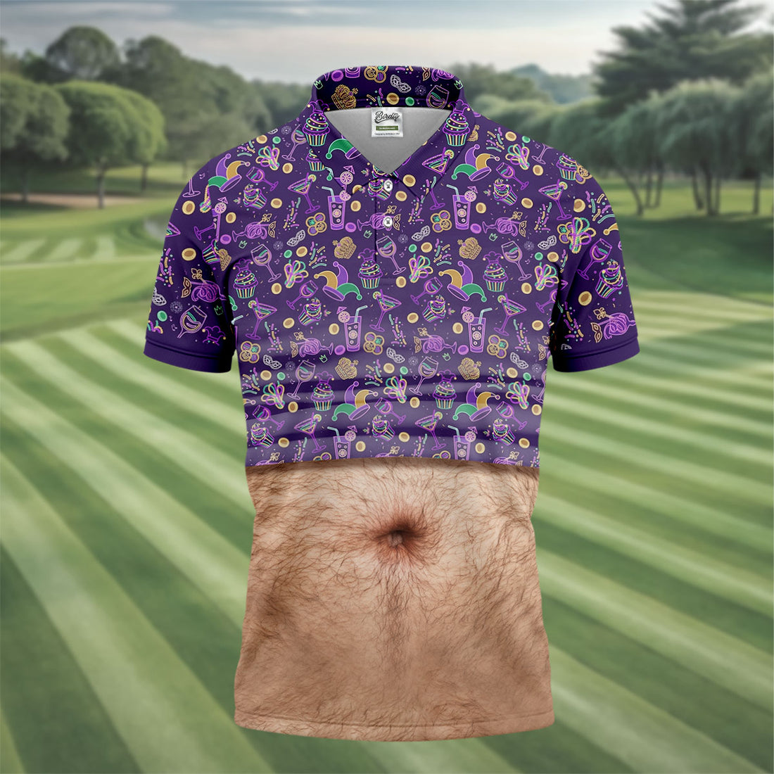 Purple Green Gold Mardi Gras Food Funny Tummy Golf Shirts For Men, Men's Funny Golf Shirts, Polo Shirts For Men