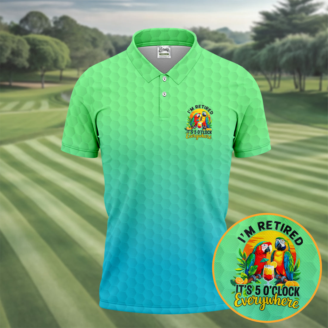 Tropical Retired Parrot Cocktail Golf Polo Shirt, Golf Shirts For Men, Printed Golf Shirts