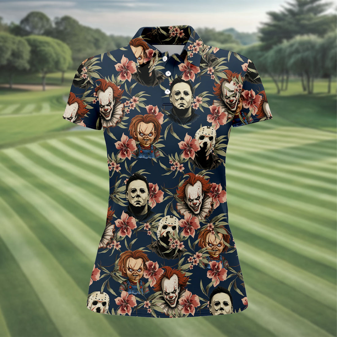 Gothic Floral Clown Doll Mask Hawaiian Polo, Golf Shirt For Women
