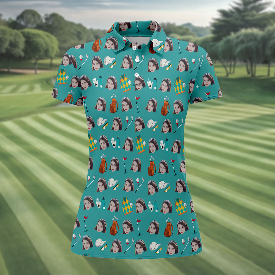 Teal Custom Photo Golf Icons Polo Shirt, Golf Tops For Women, Printed Golf Shirt