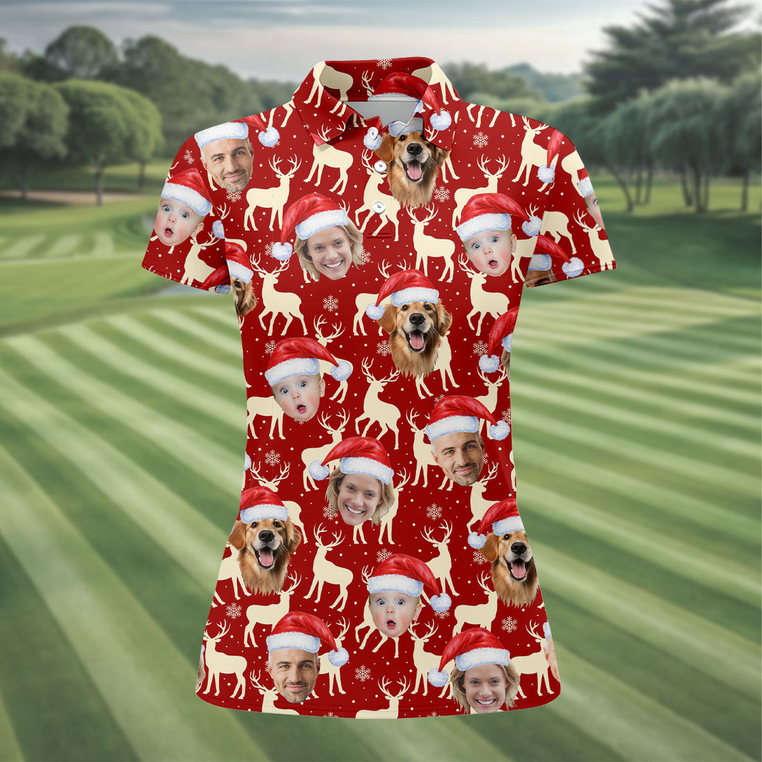 Custom Face Reindeer Pattern Beige And Red Christmas Golf Shirt, Ladies Golf Shirts, Golf Gifts For Women