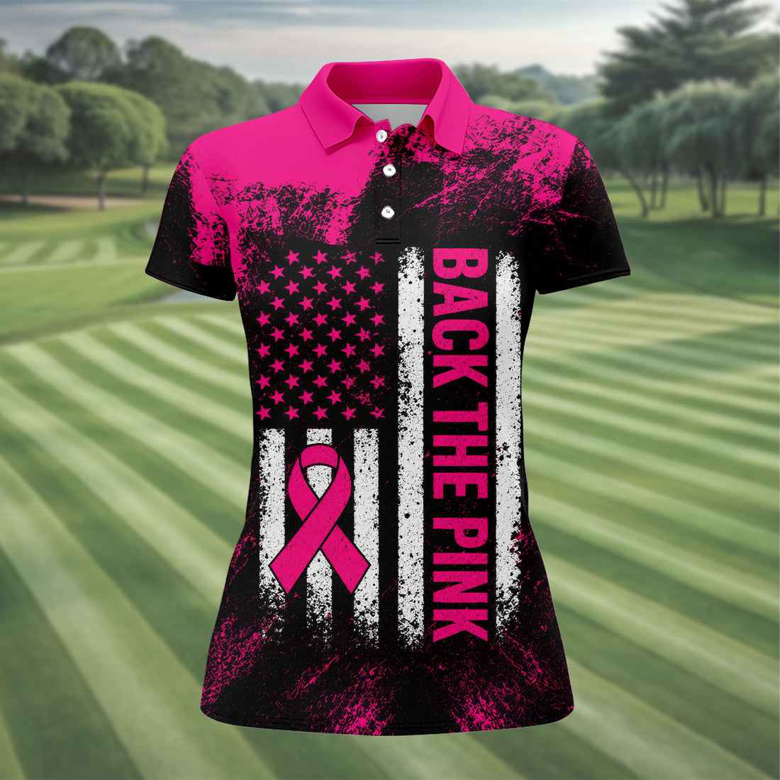 Back The Pink American Flag Breast Cancer Polo Shirt, Women’s Golf Polo, Ladies Golf Top