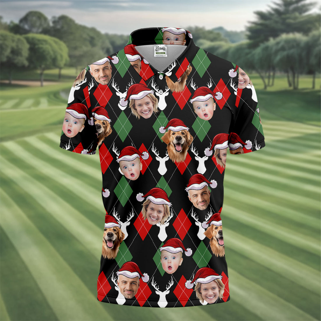 Custom Face Red And Green Argyle Pattern Christmas Golf Tops For Men, Polo Shirts For Men, Christmas Golf Gift