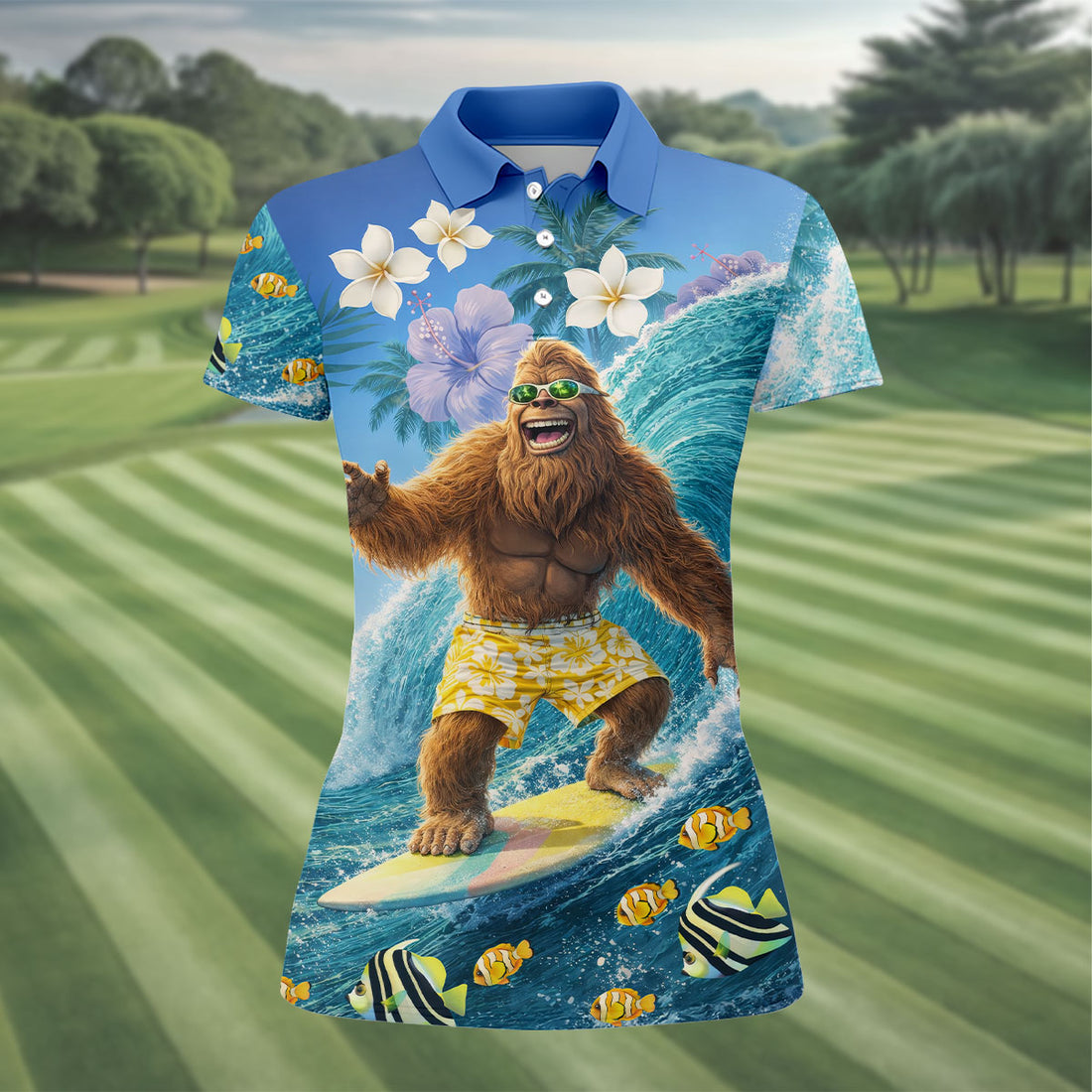 Surfing Bigfoot Riding Ocean Waves Hawaiian Golf Polo, Golf Tops For Women, Golfing Apparel