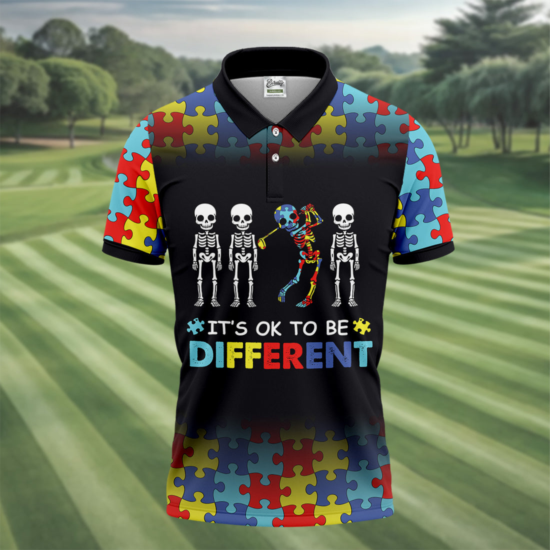 It's Ok To Be Different Men Polo Shirt, Autism Awareness Puzzle Pattern Black Fade Golf Shirts For Men, Autism Golf Shirt