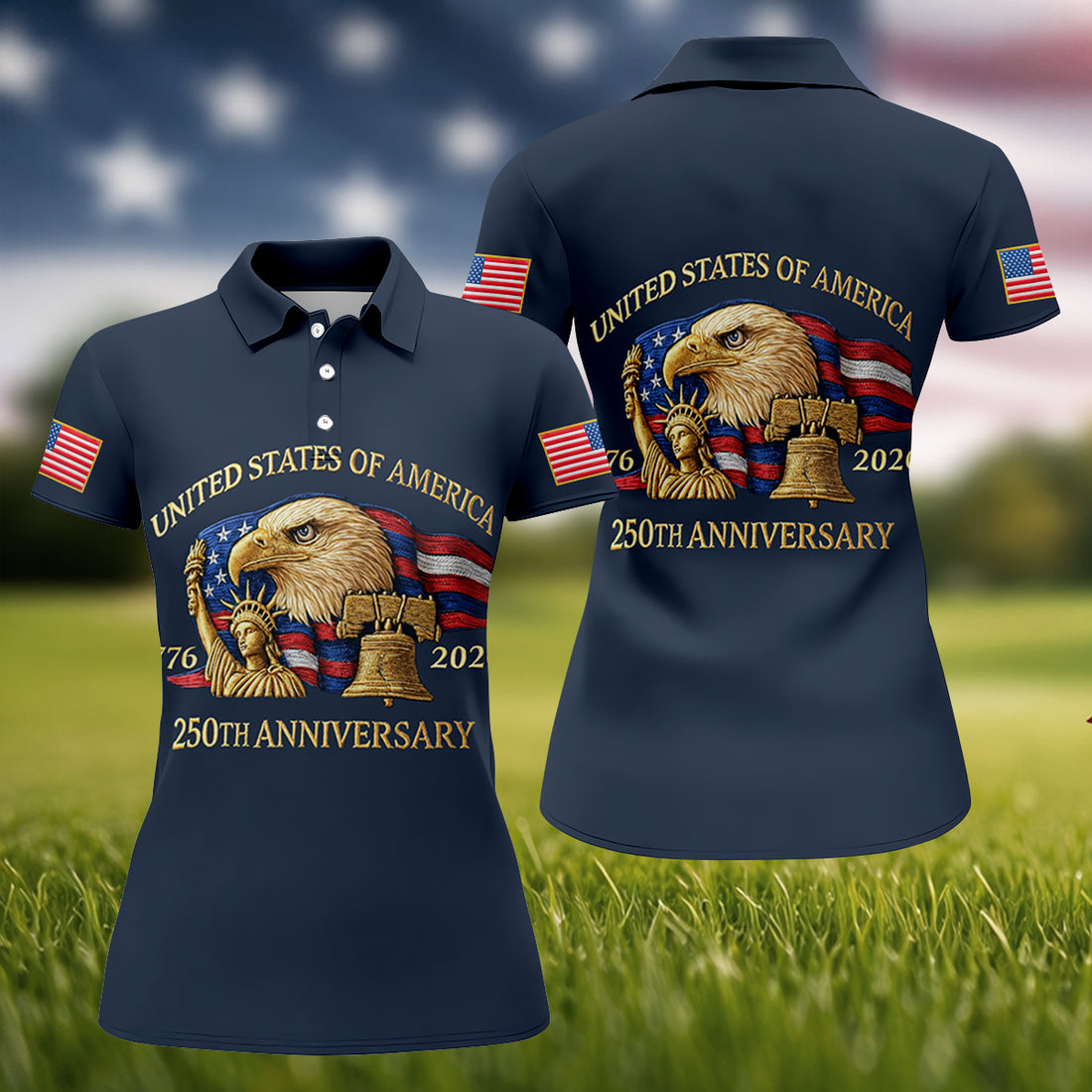 US America 250th Anniversary Patriot Eagle Embroidery Effect Women's Golf Tops, Patriotic Golf Shirt