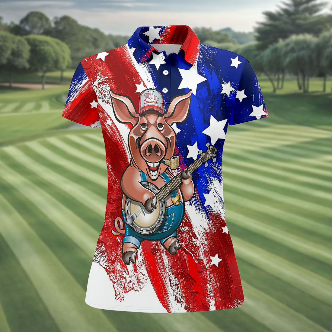 Patriotic American Flag Brush Strokes Funny BBQ 250th Anniversary Women's Polo Shirt, Ladies Golf Shirts