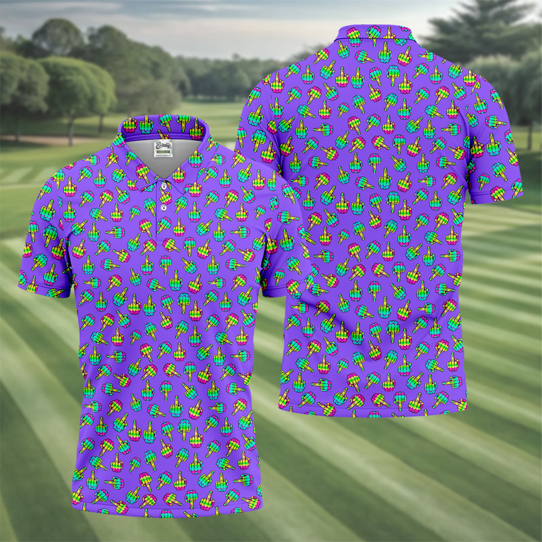 Neon Middle Finger Purple Golf Shirt, Fun Golf Shirts For Men, Cool Golf Gifts, Polo For Men
