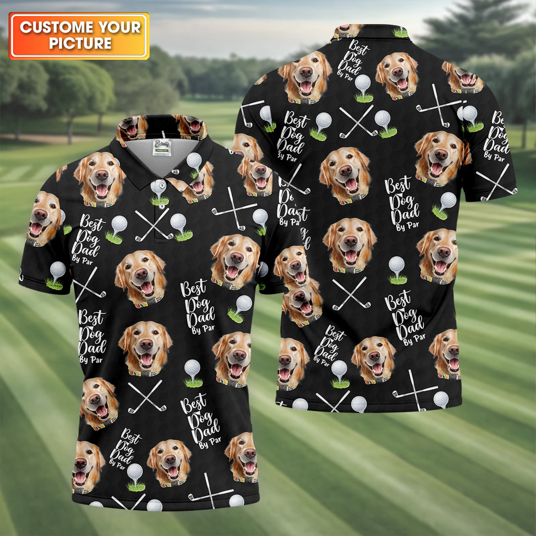 Best Dog Dad By Par Black Custom Face Golf Shirt, Funny Golf Polo Shirt, Dad Golf Gifts