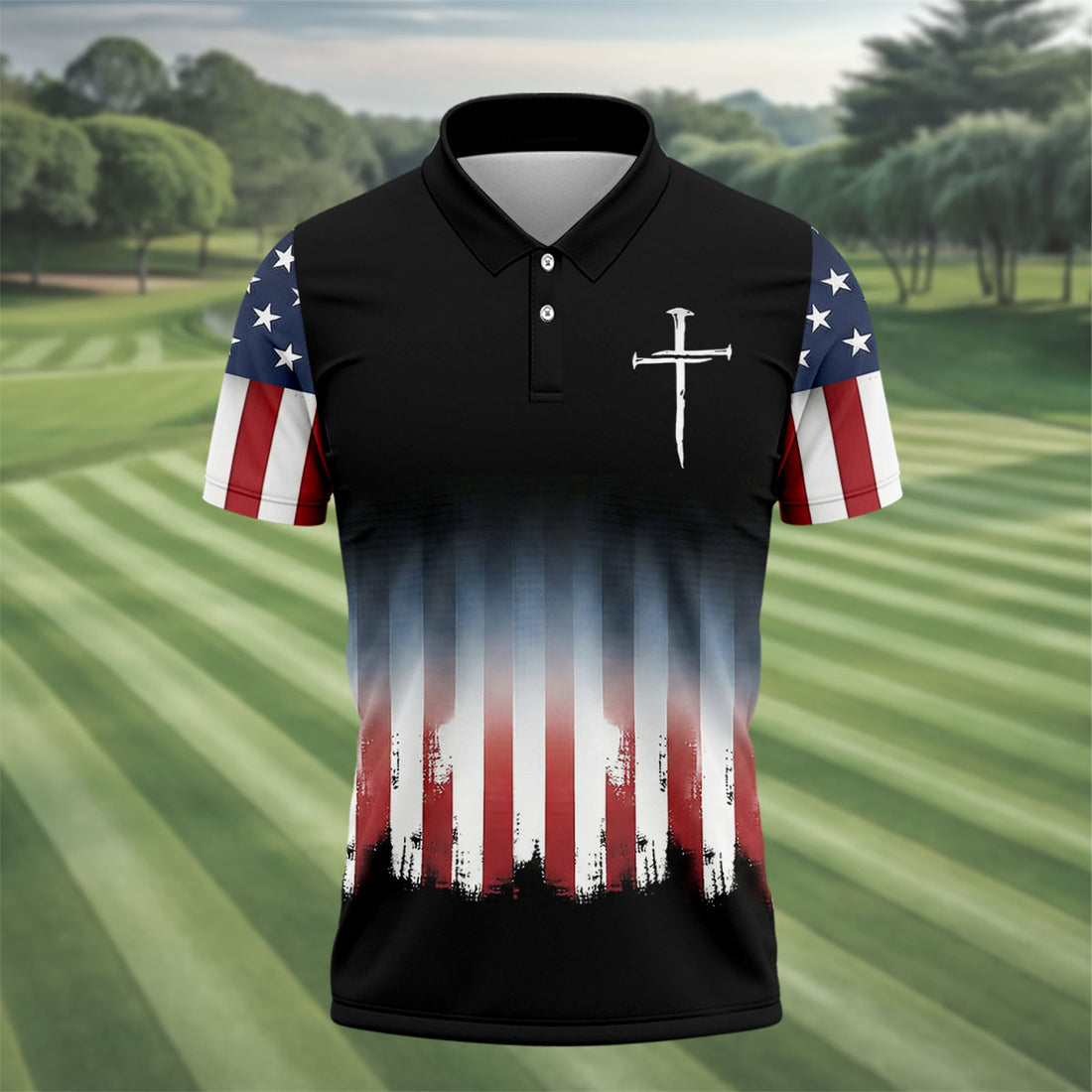 250 Years USA Anniversary 1776-2026 Men's Golf Polo Shirt, Faith Cross 4th Of July Patriotic Golf Shirt