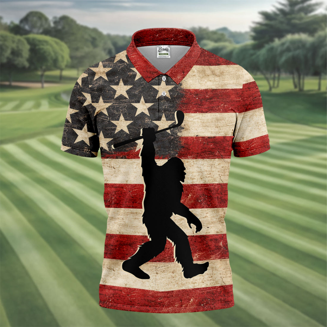 Vintage American Flag Bigfoot Golfer Polo Shirt, Mens Golf Polo, Golf Polo Shirts For Men