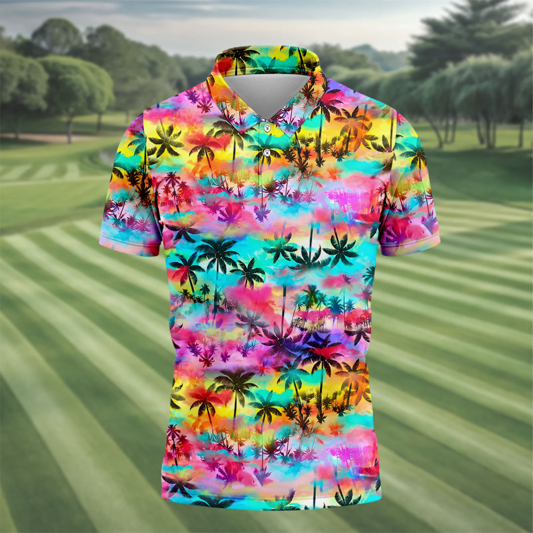 Watercolor Tropical Palm Golf Shirt, Colorful Sunset Hawaiian Polo, Polo Shirts For Men