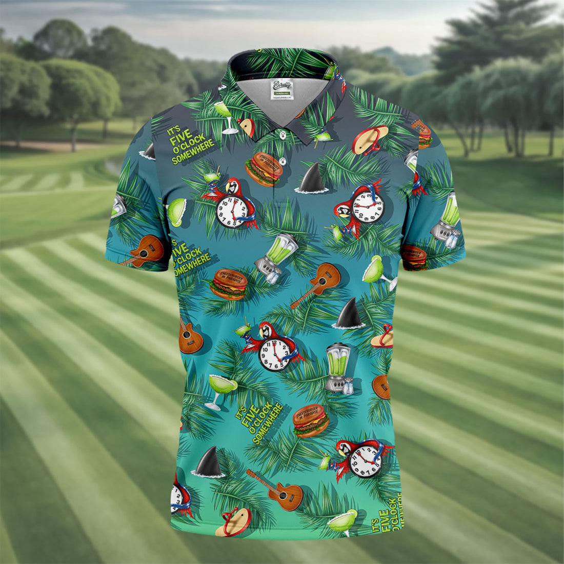 Teal Tropical Cocktail Parrot Pattern Golf Polo Shirt, Men's Golf Shirt, Golf Polo Shirts For Men