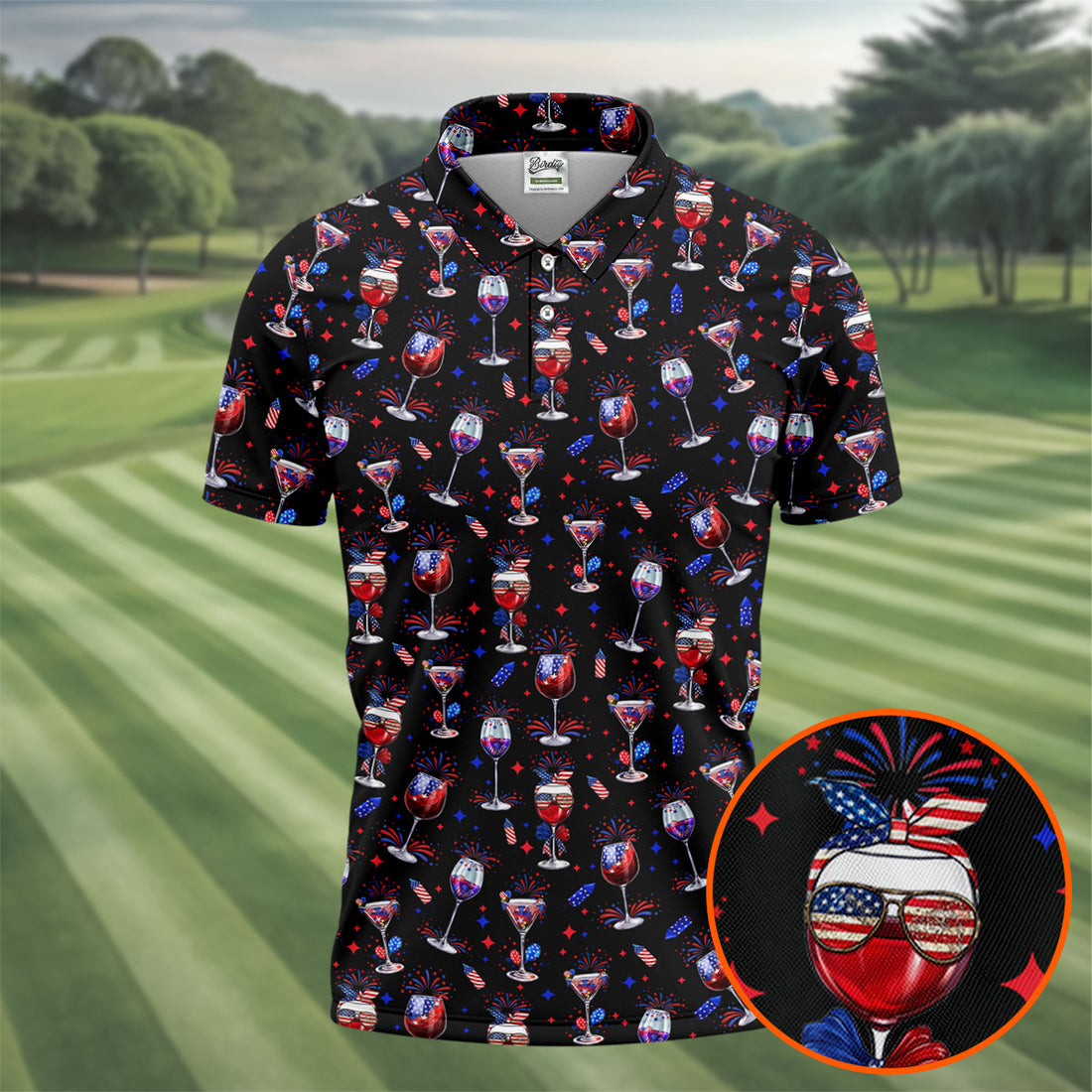 Wine And Martini American Flag Pattern Patriotic 4th Of July Black Golf Shirt, 250th Anniversary Golf Shirts For Men