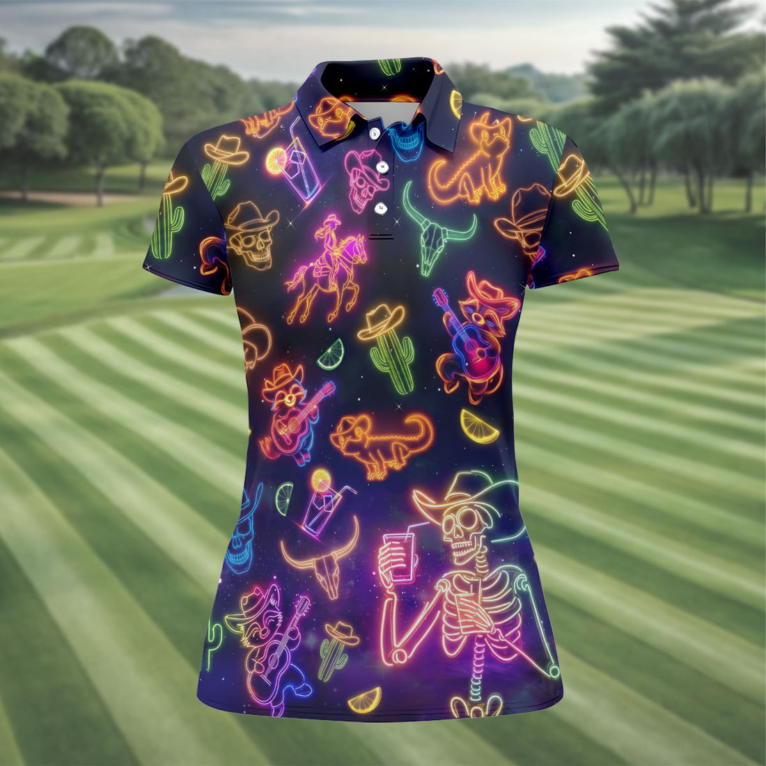 Neon Cowboy Icons Pattern Hawaiian Golf Shirt, Women's Golf Tops, Ladies Golf Shirts
