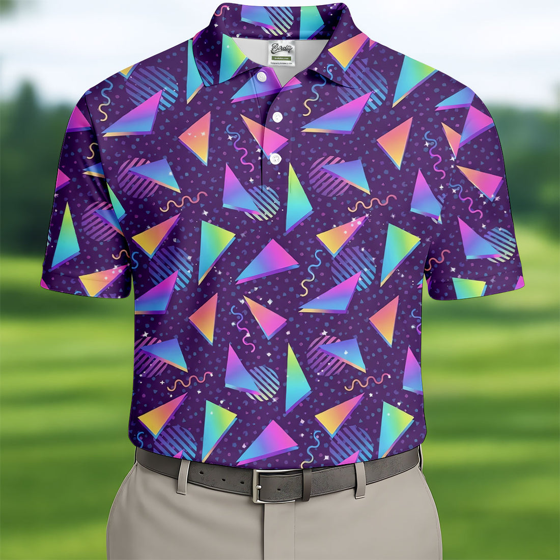 Retro Memphis Geometric Pattern Golf Polo Shirt, Men's Golf Shirt, Golf Apparel For Men