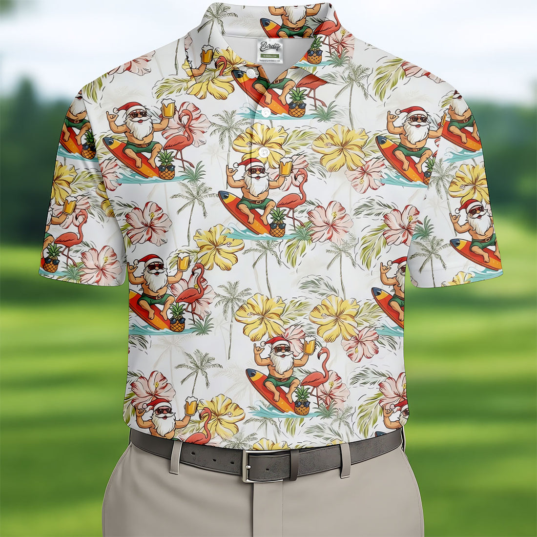 Surfing Santa Tropical Christmas Golf Polo Shirt, Golf Shirts For Men, Printed Golf Shirts