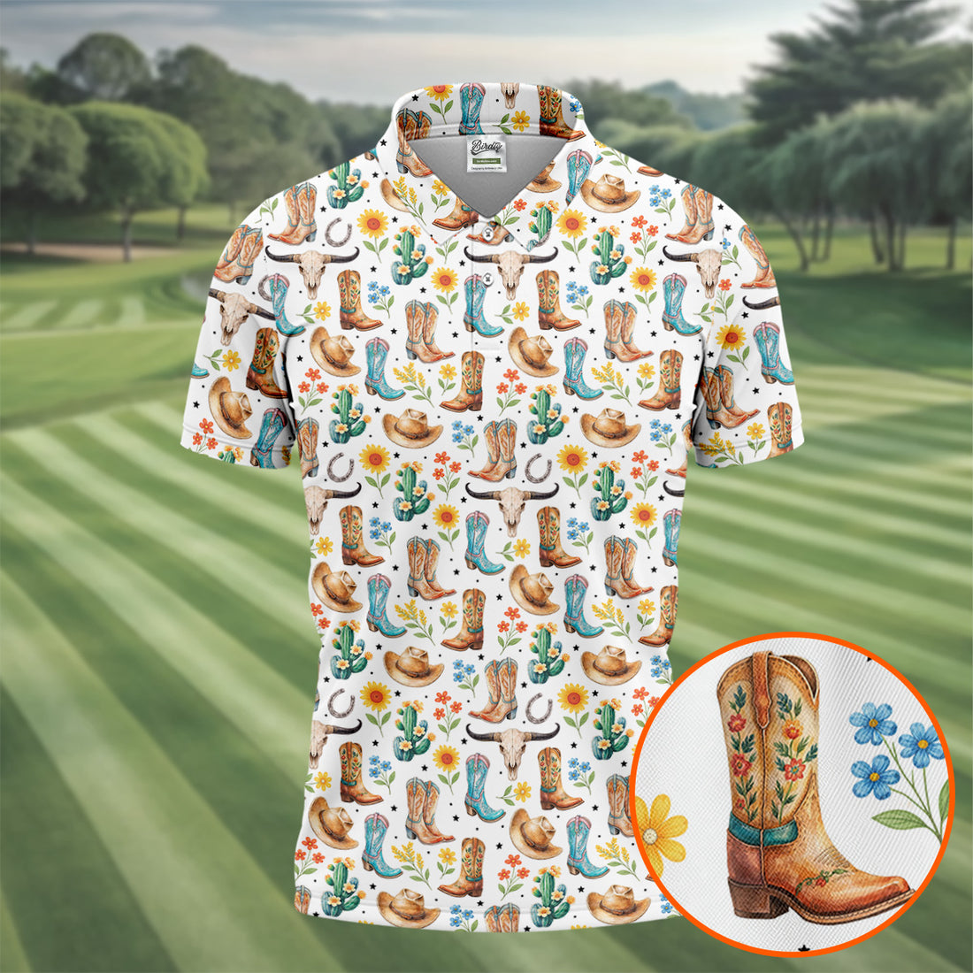 Western Cowboy Boots Floral Pattern Golf Shirt, Mens Golf Apparel, Golf Polo Shirts For Men