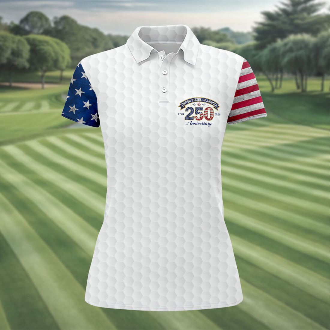 250th Anniversary Golf Ball Pattern White Golf Shirt, Patriotic 4th Of July Golf Shirt, Golf Shirt For Women