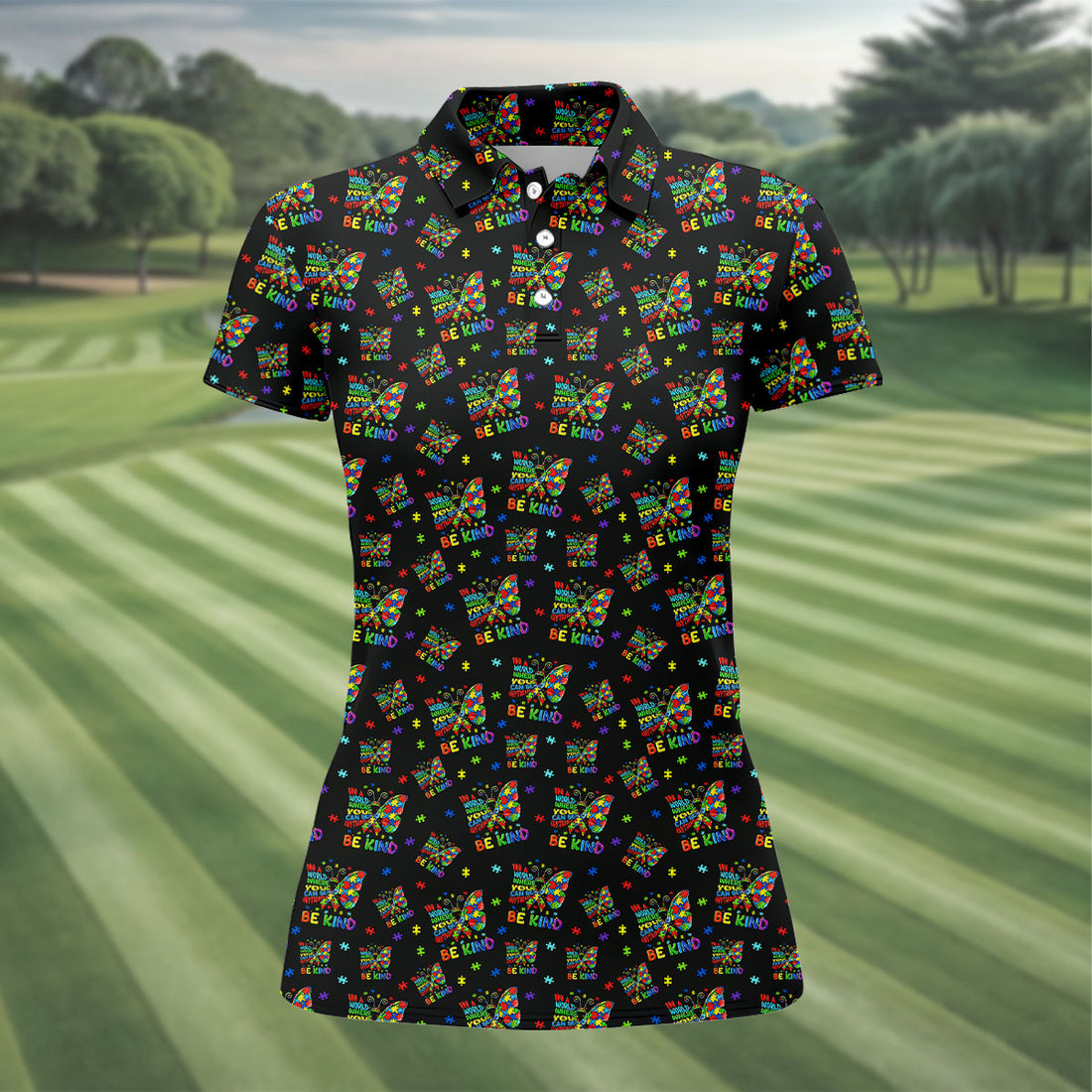 In A World Where You Can Be Anything Be Kind Rainbow Butterfly Autism Awareness Black Golf Shirt, Women's Golf Tops