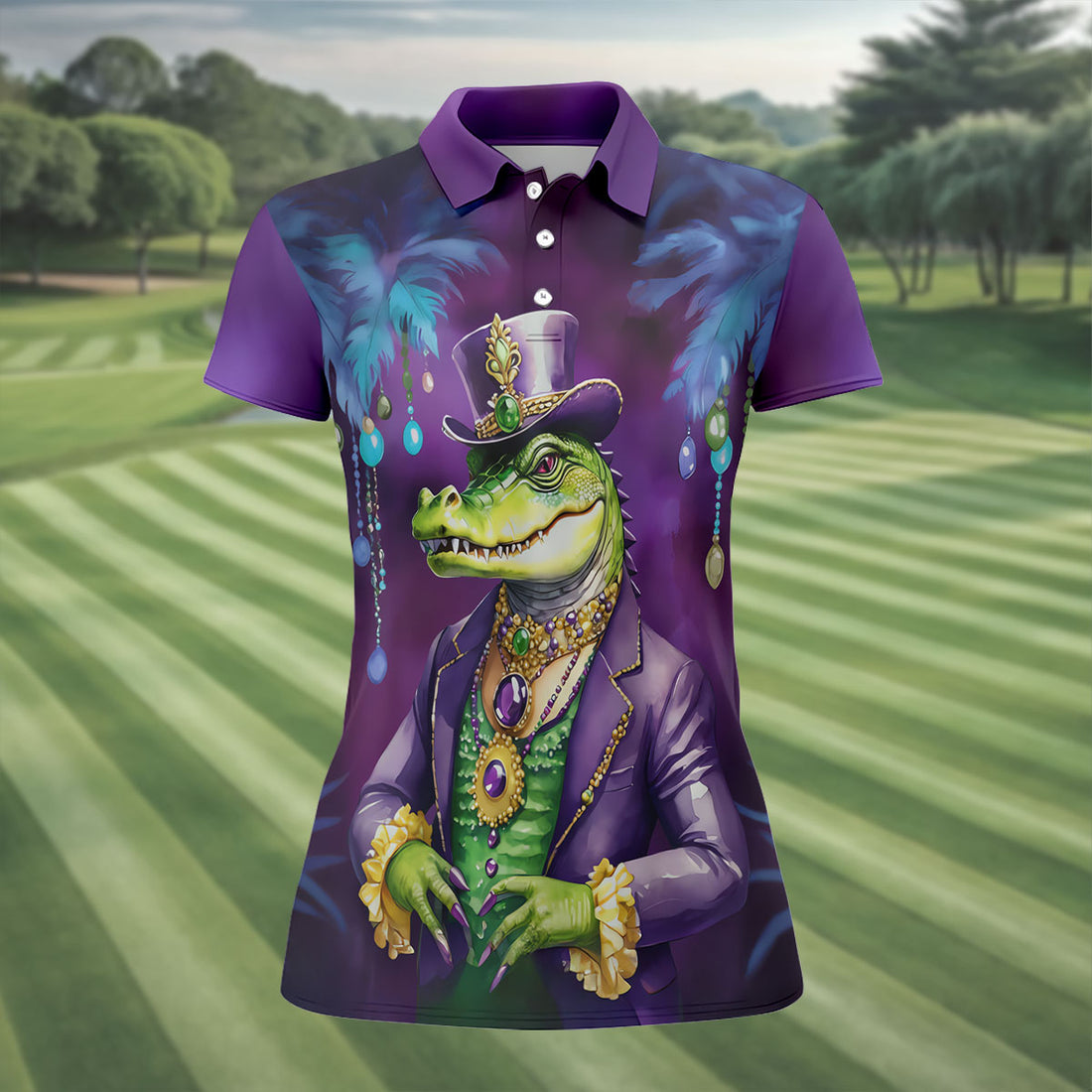 Mardi Gras Alligator Purple Golf Shirt, Fun Women's Golf Shirts, Women's Golf Tops, Ladies Golf Polos