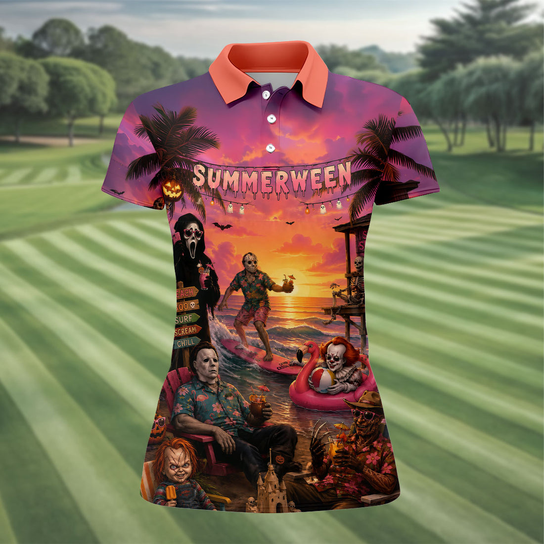 Summerween Halloween Horror Character Golf Shirt, Golf Shirts For Women, Printed Golf Shirt