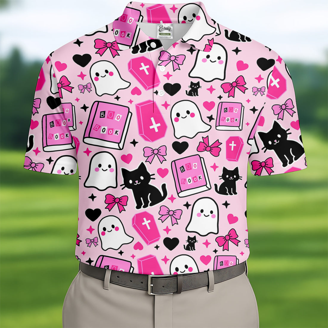 Halloween Boo And Cat Coquette Pink Golf Tops For Men, Fun Golf Shirts For Men, Polo Shirts For Men