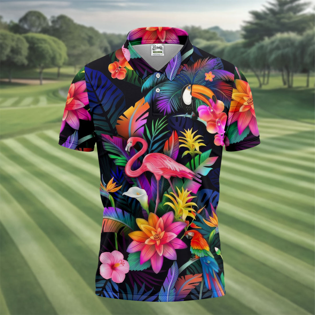 Colorful Tropical Birds And Flamingo Golf Shirt, Mens Golf Polo, Printed Golf Shirts