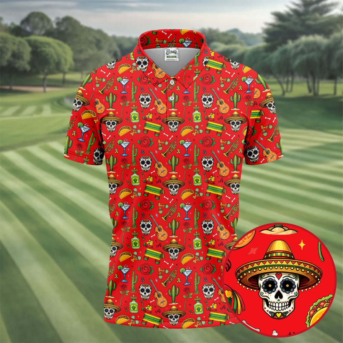 Decorated Skulls Party Items Cinco De Mayo Celebration Fiesta Themed Red Golf Shirts For Men