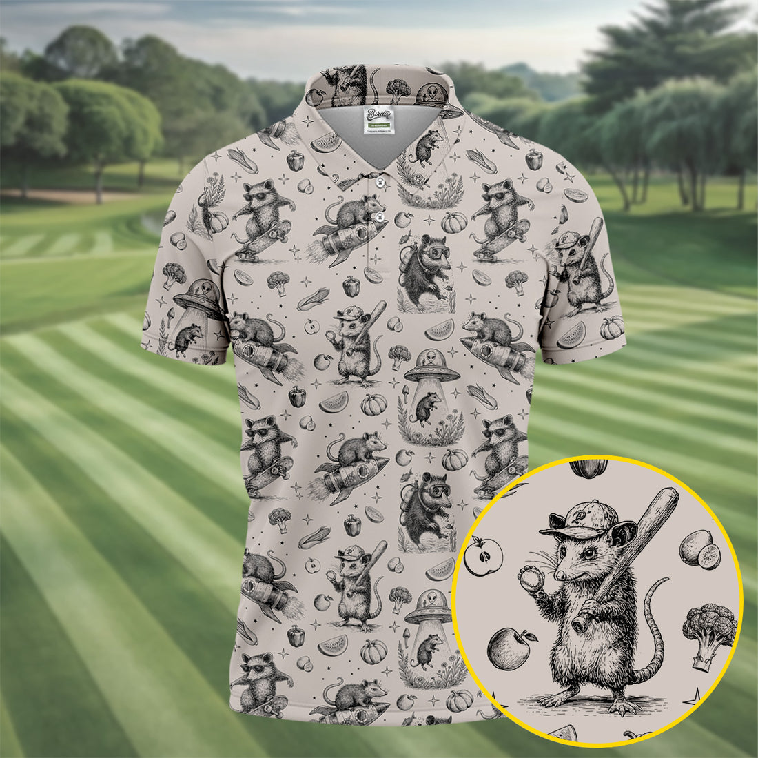 Mice and UFOs in a Fantasy Woodland Pattern Hawaiian Golf Polo, Golf Tops For Men, Golfing Apparel