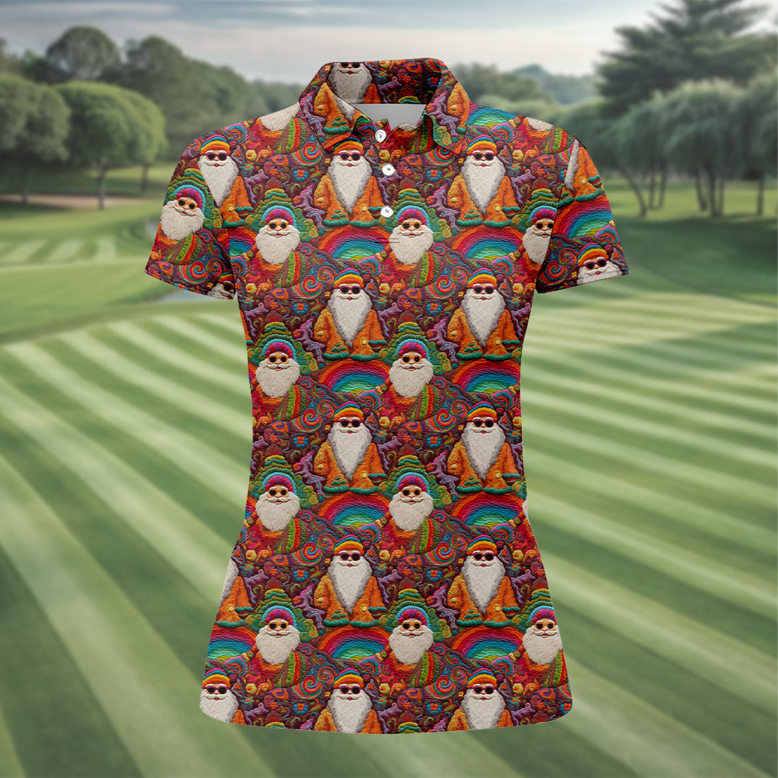 Groovy Hippie Santa Seamless Pattern Golf Shirts, Christmas Golf Shirt, Golf Gifts For Women, Fun Golf Shirt