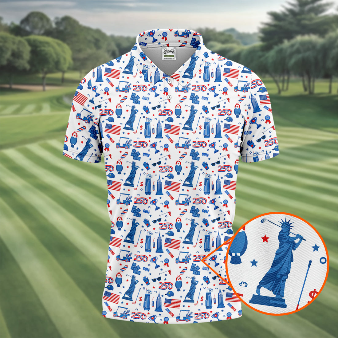Funny Statue Of Liberty Golf Pose 4th Of July Red White Blue Golf Tops For Men, 250th Anniversary Patriotic Golf Shirt