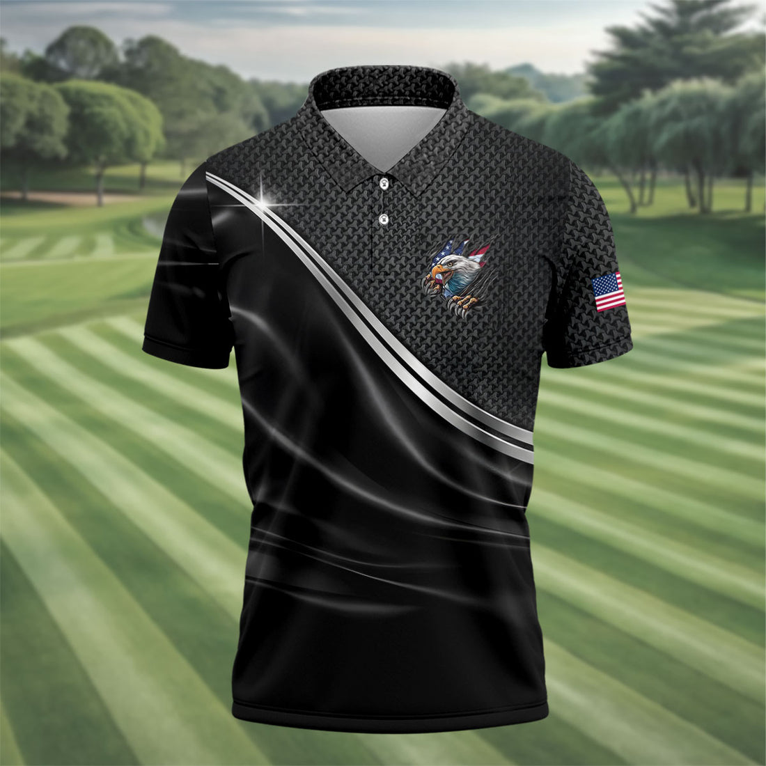 US Bald Eagle Flag Ripped Effect Patriotic Black Golf Shirt, 250 Years 4th Of July Golf Shirts For Men