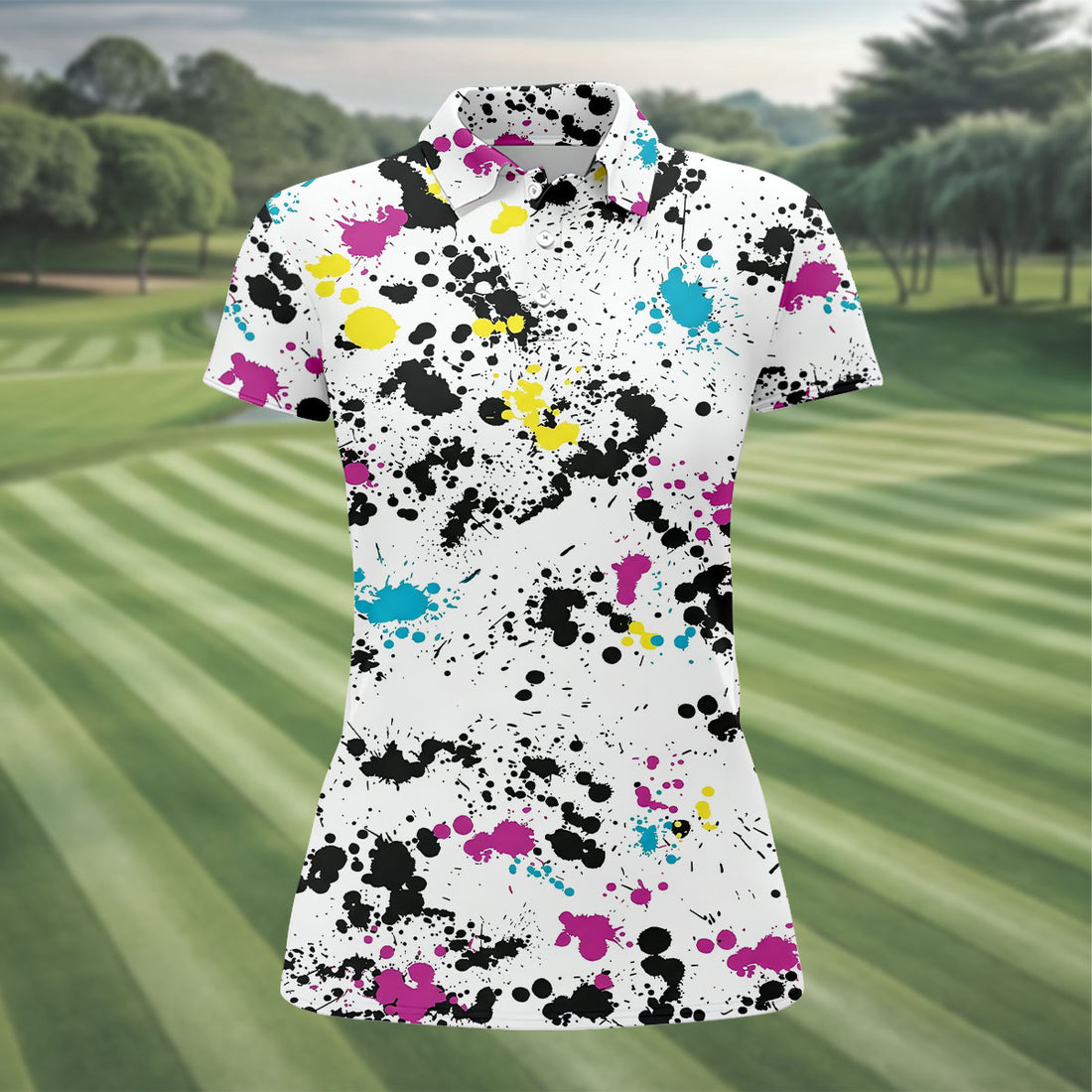 Colorful Paint Splatter Golf Shirt, Women's Golf Tops, Ladies Golf Tops, Hawaiian Golf Shirt