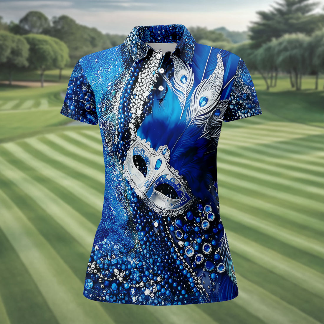 Mardi Gras Masquerade Mask Feather Beads Blue Golf Shirt, Women's Golf Tops, Ladies Golf Polos
