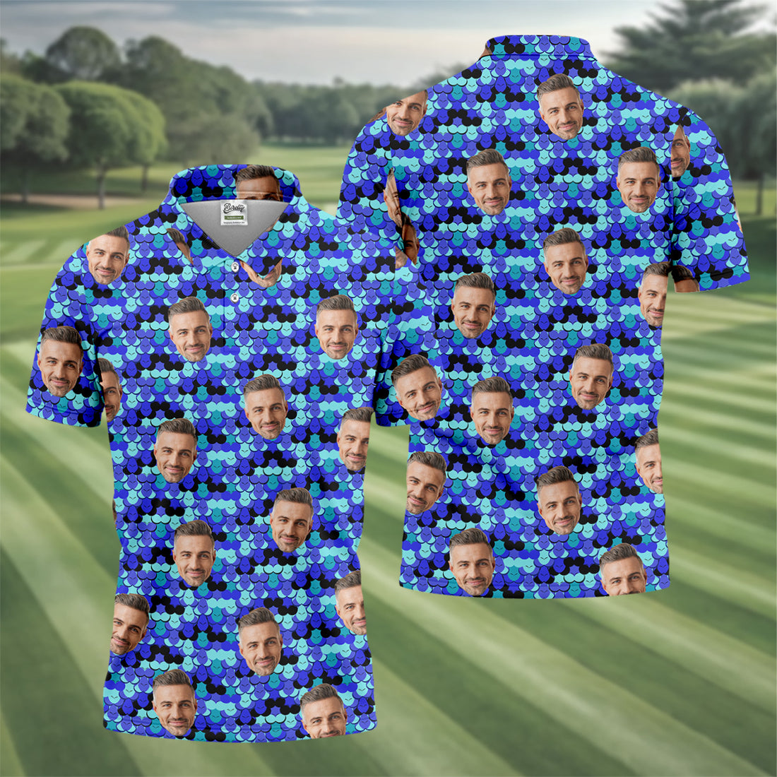 Custom Face Blue Fun Golf Shirts For Men, Fun Men's Golf Polos, Cool Golf Gift, Golfing Apparel