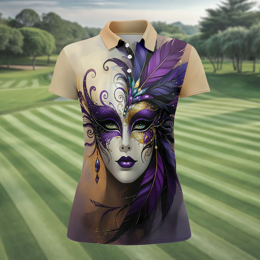 Feather Mask Mardi Gras Golf Shirt, Purple And Beige Women's Golf Tops, Ladies Golf Shirt