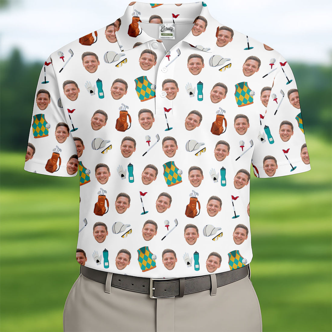 White Custom Photo Golf Icons Polo Shirt, Mens Golf Polo, Golf Apparel For Men