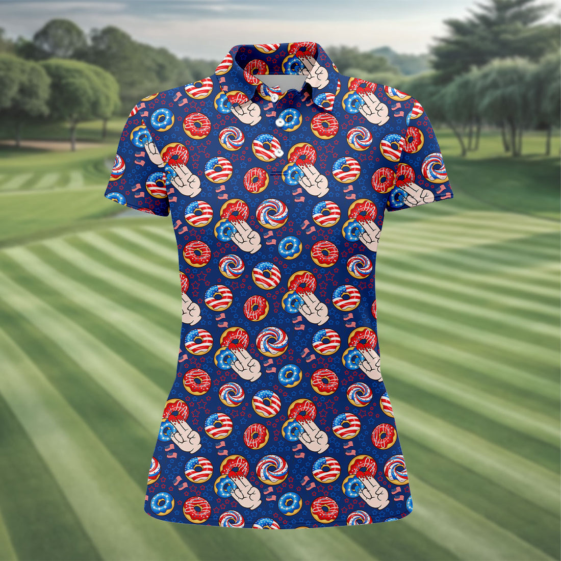 Donut Finger Funny Dirty American Flag Pattern Blue Women Golf Top, 250th Anniversary Patriotic Golf Shirt