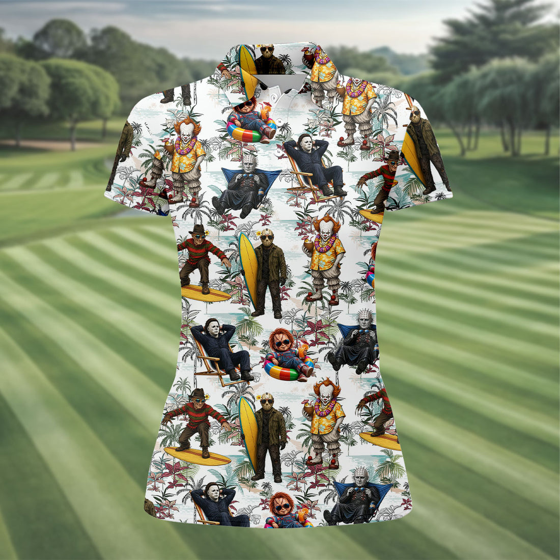 Funny Horror Beach Vacation Tropical Hawaiian Polo Shirt, Golf Shirt For Women